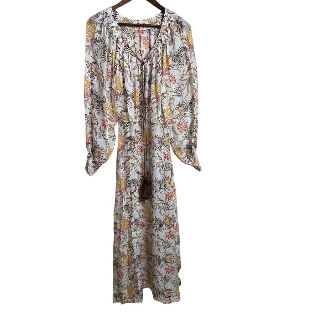Banjanan 100% Silk Pineapple Floral Tassel Maxi Dress size M Boho Peasant